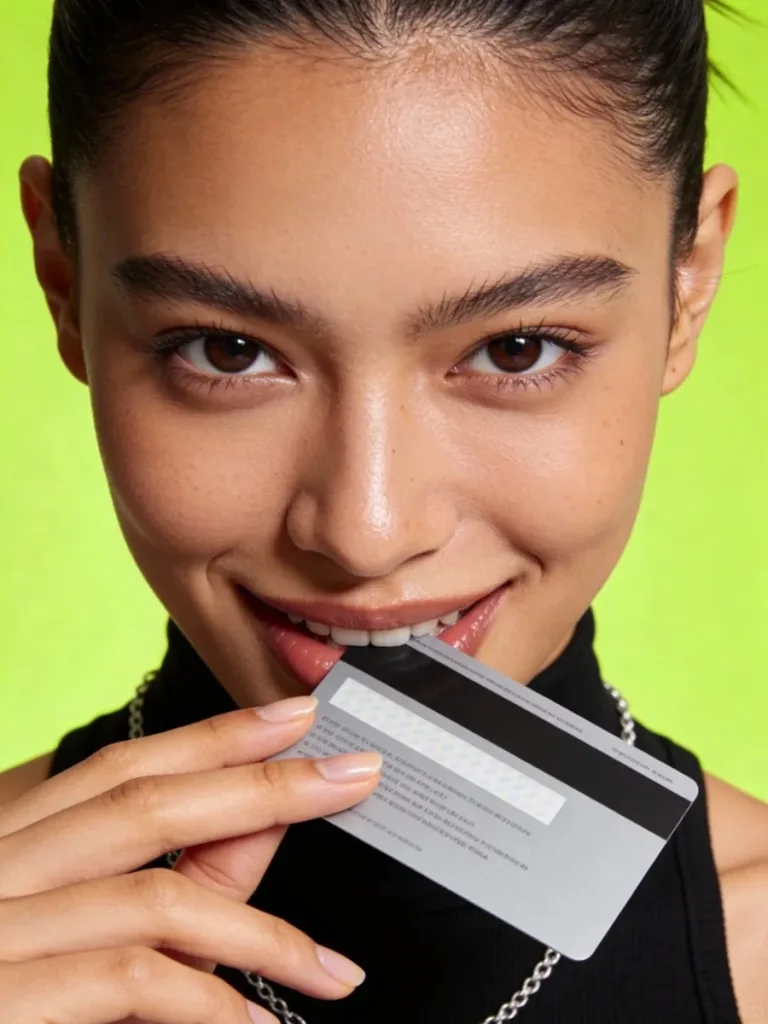 Smiling woman biting a silver credit card against a lime green background